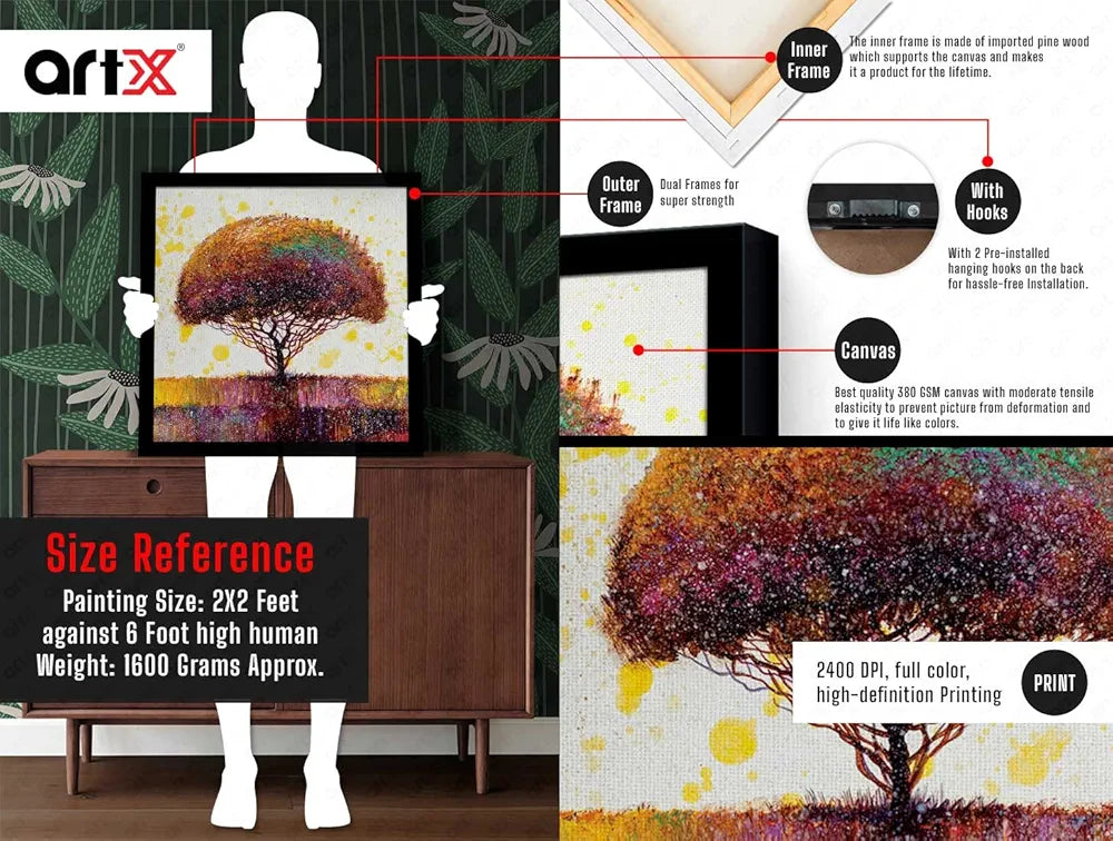 ArtX Abstract Colourfull Tree Big Canvas Painting For Bedroom and Living Room With Frame, Multicolour, Square, 24.0 x 24.0 inch, 2x2 Feet, Set Of 1