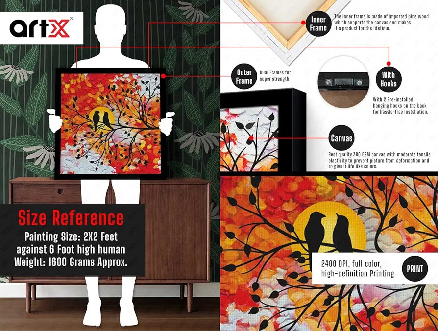 ArtX Bird Abstract Big Canvas Painting For Bedroom With Frame, Multicolour, Square, 24.0 x 24.0 inch, 2x2 Feet, Set Of 1