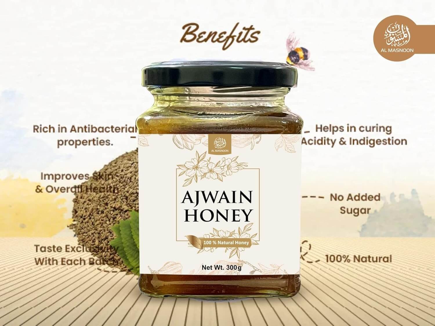 AL MASNOON Ajwain Honey 100% Natural & Pure 300g (pack of 1)/ Raw & Unprocessed/Bees Collects From Ajwain Blossoms