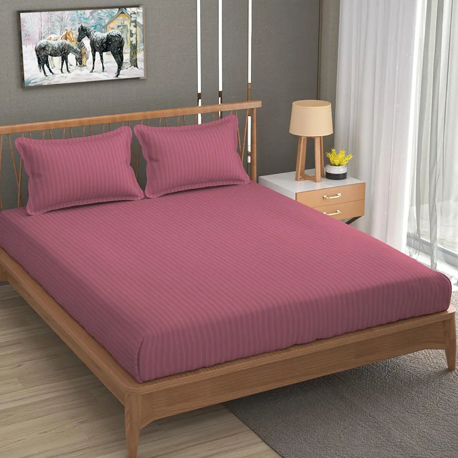 Homefab India 160 TC Stripe Cotton Feel Glace Cotton Elastic Fitted King Size Double Bed Bedsheet with 2 Pillow Covers Fits Upto 6 inches Mattress, Size-72X78 inches, Pink