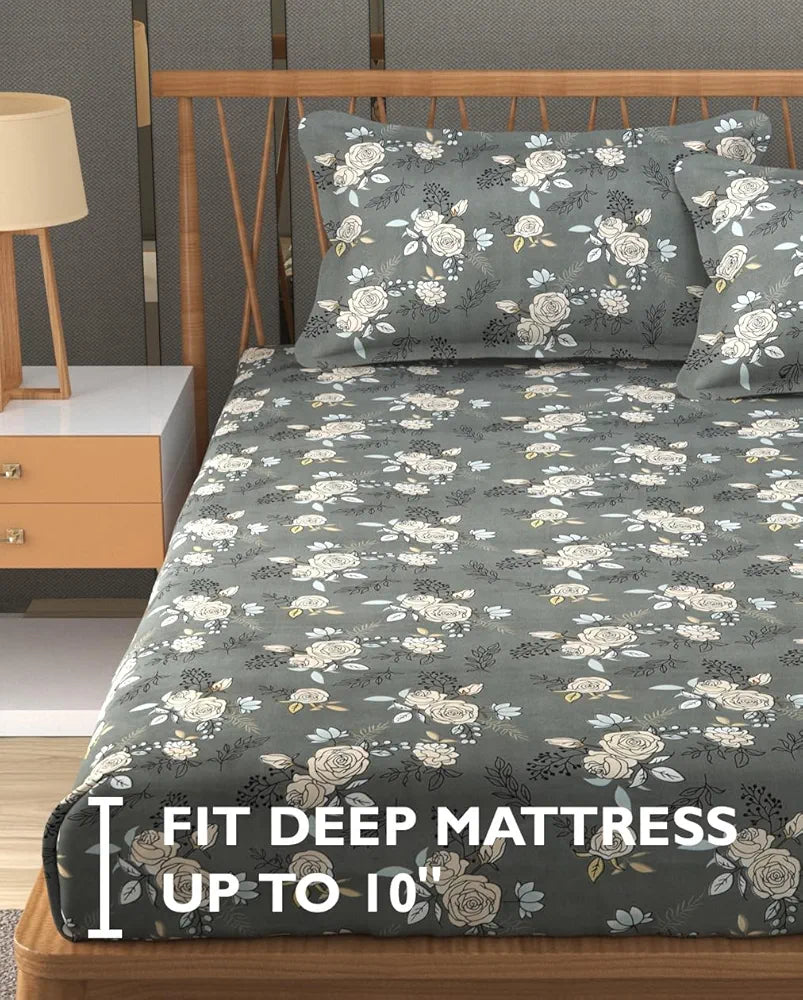 FRESH FROM LOOM King Size Microfiber Fitted Bedsheet Set with Floral Print - 240 TC, Anti Fade, 2 Pillow Covers  | Rose-Oslo-Grey)