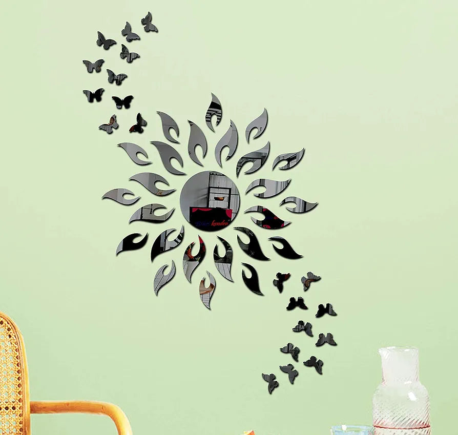 Bikri Kendra Sun Black with 20 Black Butterfly Wall Mirror Stickers 3D Acrylic Sticker