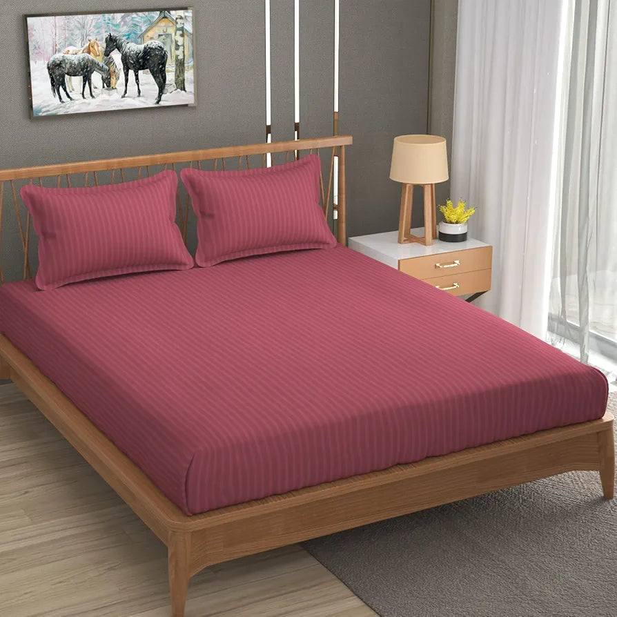Homefab India 160 TC Stripe Glace Cotton Double BedSheet with 2 Pillow Covers -  - Pink