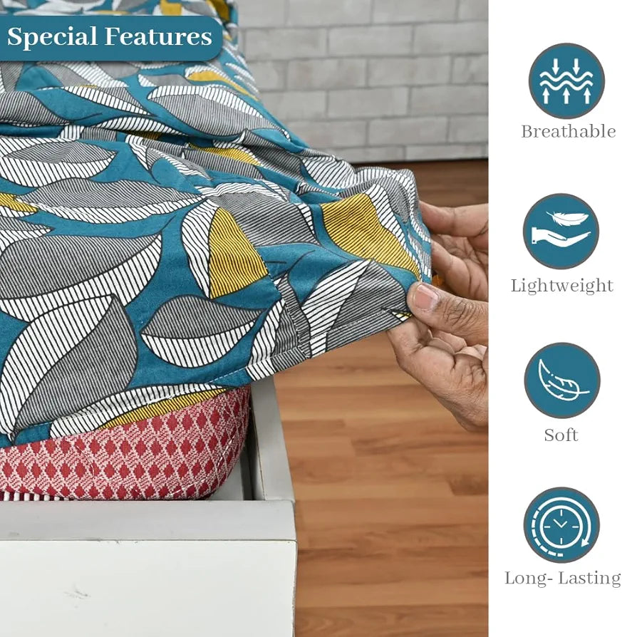 Divine Casa Floret 100% Cotton Double Fitted Bedsheet | 144 TC | Deep Pocket Design | Soft & Breathable Fabric | Durable & Easy Care | 200 x 150 + 25 CM, Woody Petals