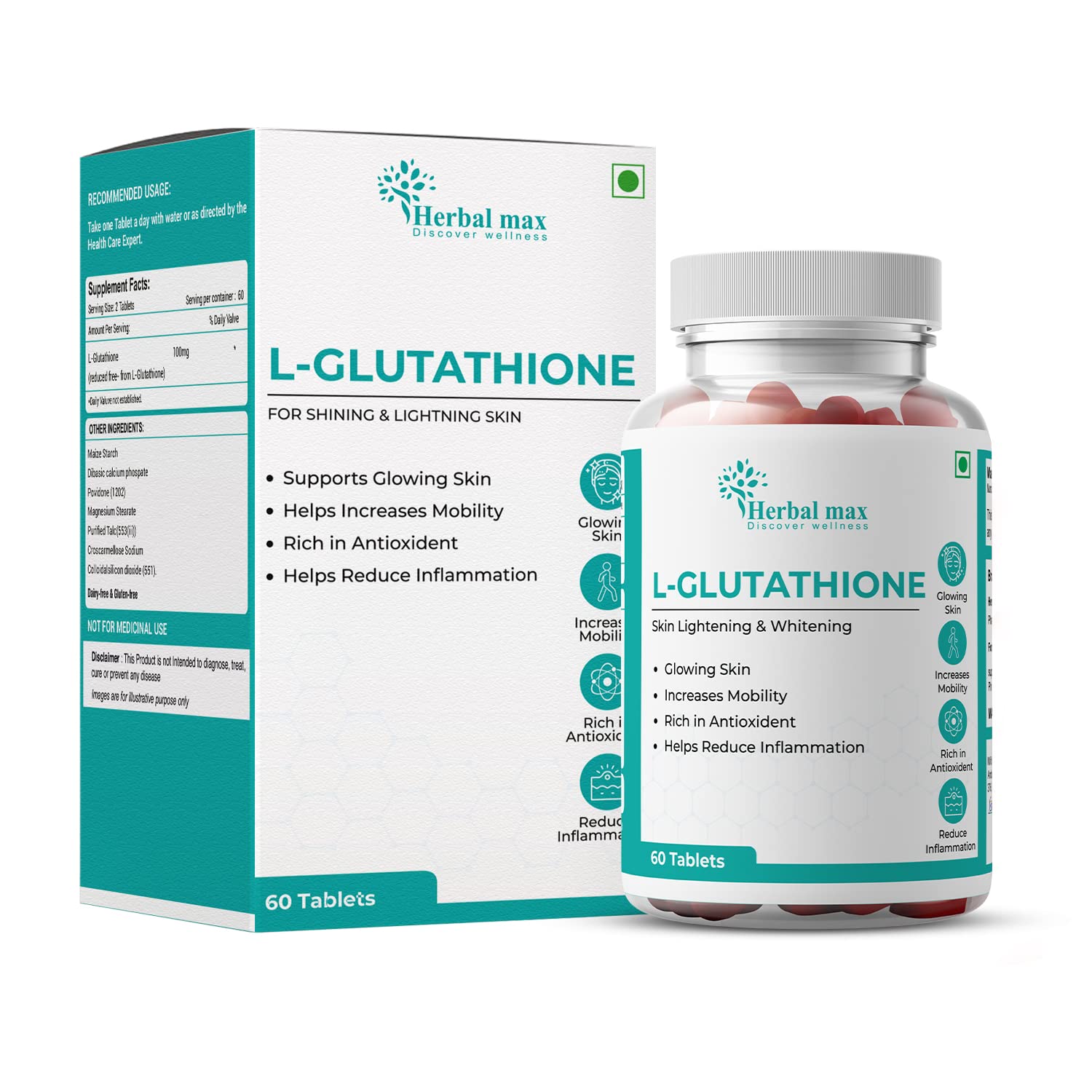 Herbalmax L-glutathione Tablets - 60 Tablets - Swadesii Herbalmax L-glutathione Tablets - 60 Tablets - Swadesii
