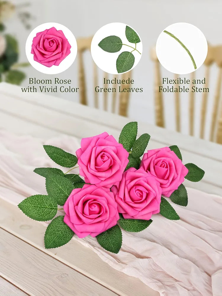 MACTING Artificial Flower Roses 30PCS Real Touch Spring Fake Flowers with Stem Fuchsia Foam Roses for Wedding DIY Bouquets Table Centerpieces Party Bridal Shower Holiday Home Decorations