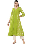 Janasya Women's Lime Green Rayon Foil Printed A-Line Kurta