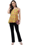 Janasya Women's Yellow Cotton Floral Print Peplum Top