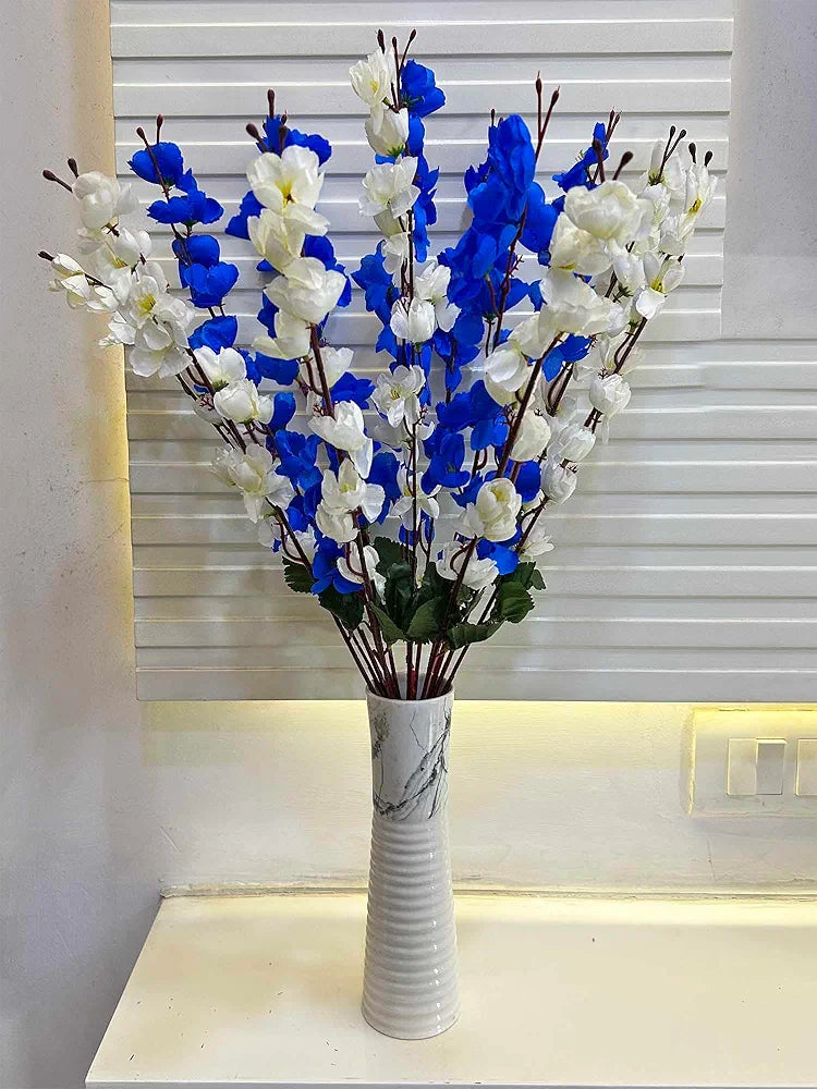 ARTSY® Artificial Flowers Bunch for Decoration Cherry Blossom, Ideal for vase, Home, Office Decor, Gifts, Craft, Artificial Plants for Decoration, Without vase, White Blue, Combo, 2 Pieces