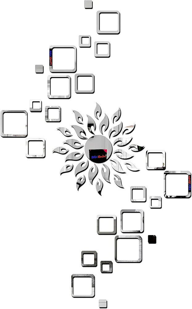 Bikri Kendra Glass Sun Silver Square Decorative Mirror Stickers for Wall - 4 Set 3D Acrylic Stickers for Hall Room, Bedroom, Kitchen, Living Room-Self-Adhesive