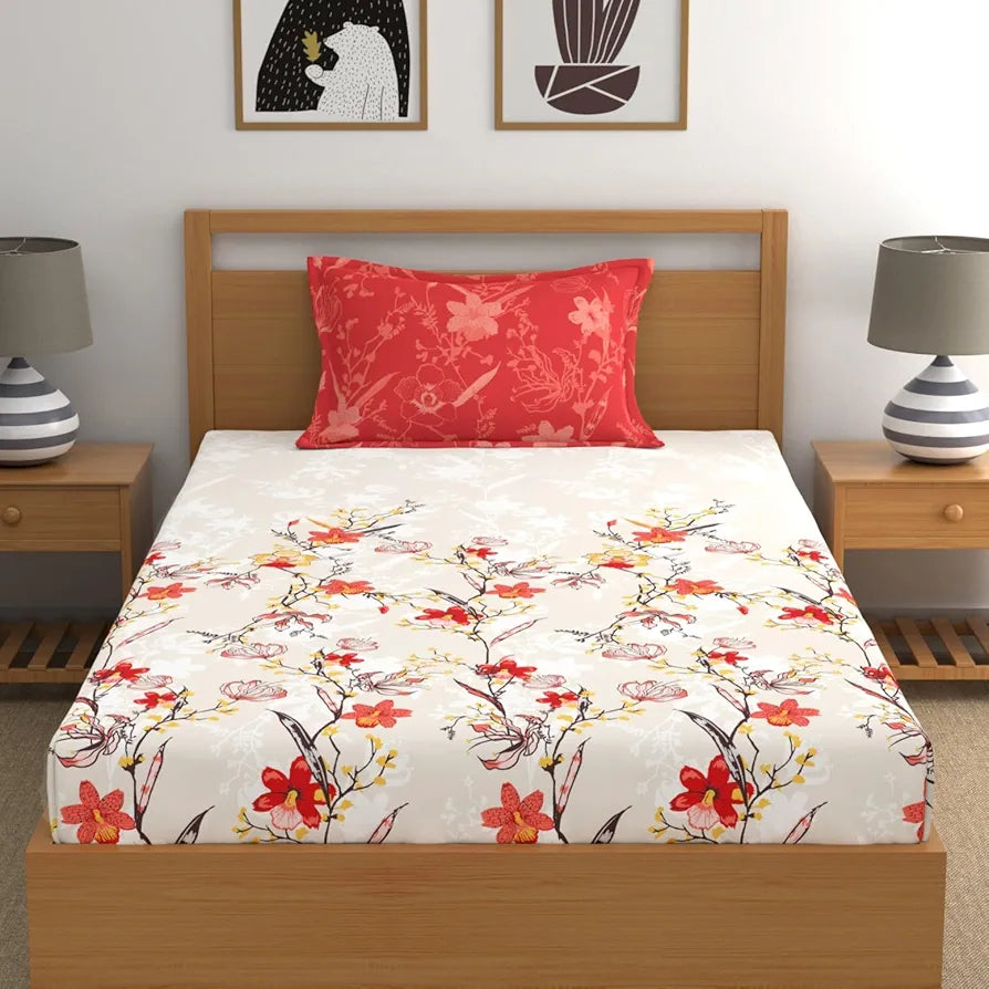 Dreamscape 100% Cotton Single Bedsheet with 1 Pillow Cover - (Size 59 x 87 inches, 140 TC, Colour - Tomato