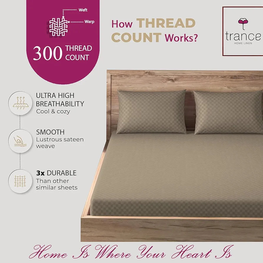 Trance Home Linen 300Tc Pure 100% Cotton Solid Queen Size Jacquard Weave Fitted Bedsheet with 2 Pillow Covers-,Grey
