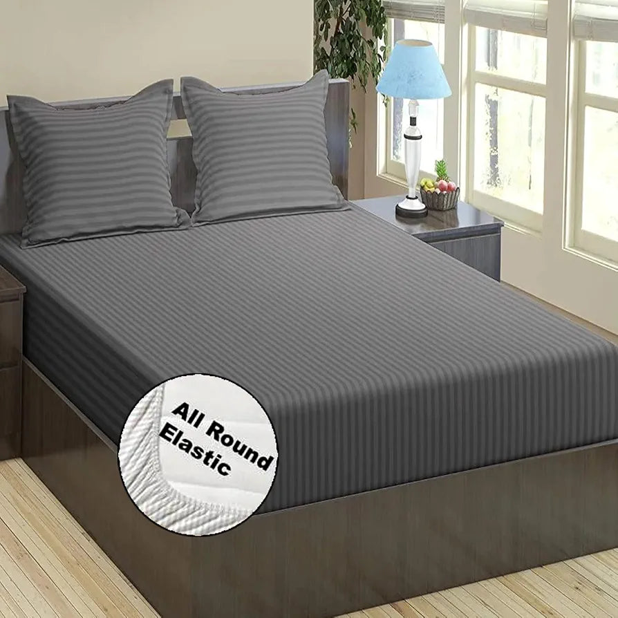FRESH FROM LOOM 240 TC Satin Striped Soft Fitted Bedsheet King Size Bed with Two Pillow Cover|Bed Covers for Mattresses Tuck in  Grey
