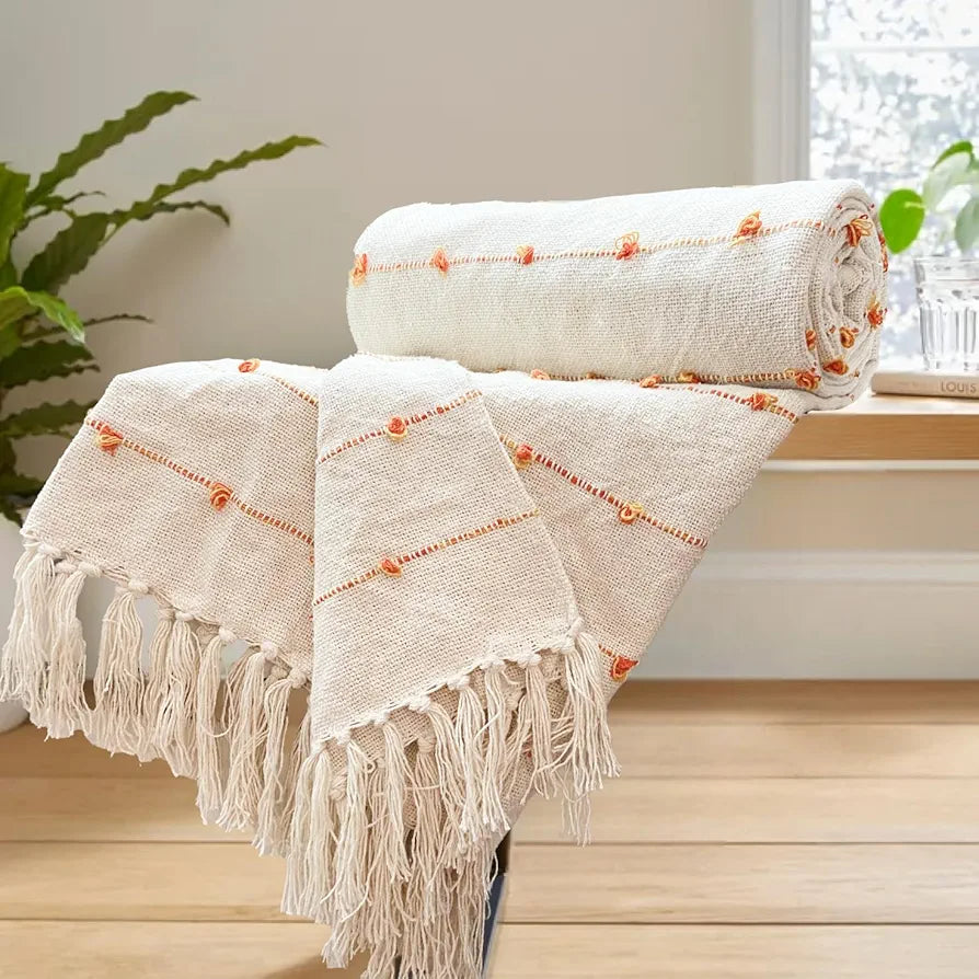 SAJAVAT HOME Hand-Knitted Pure Cotton 3 Seater Sofa Throw | 80x52 Inches/204x132 Cm | Beige & Royal Orange Throw for Sofa, Bed, Chair & Travel - Ideal for All Season | Pack of 1