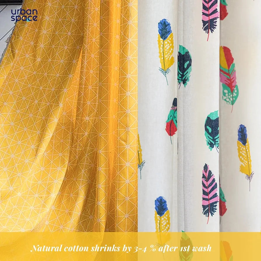 Urban Space 100% Cotton Curtains for Door, Combo Set of 3 Curtains 7 feet Long, 60-65% Room Darkening Curtain, Tieback & Eyelets Included with Curtains for Home Decor 