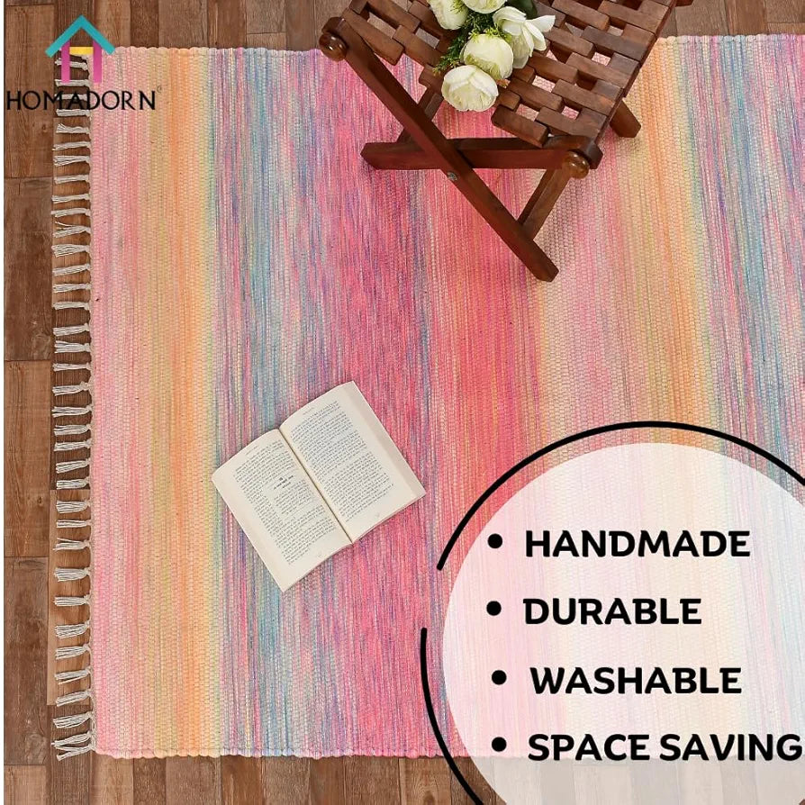 HOMADORN Handmade Sustainable Printed Modern Dhurrie/Rugs/Carpet Upcycled from Fabric for Living Room/Bedside Runner for Enhanced Décor 