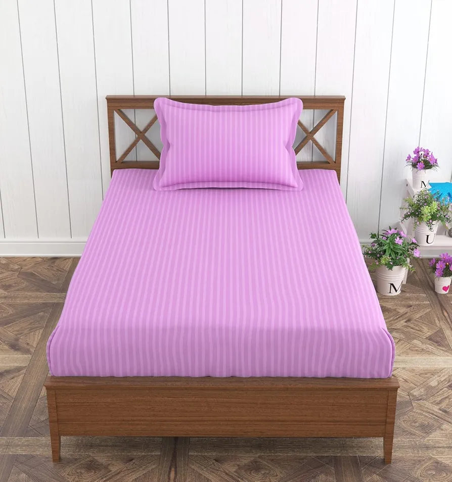 Trance Home Linen 100% Cotton 78x36 inch Single Fitted 200TC Satin Stripe Elastic Fitted Bedsheet | Single Bed Size Daily use Fitted Bedspread with 1 Pillow Covers 