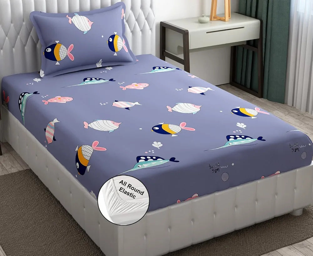 FRESH FROM LOOM Glace Cotton 300 tc Wrinkle Free Soft Hypoallergenic Elastic Fitted |Cartoon Printed Bedsheets for Kids with 1 Pillow |Fish/Blue), Smallsingle