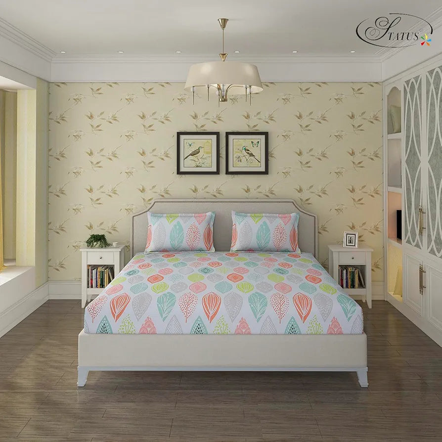 Status Contract Spring Summer Collection-2024 Cotton Rich Double Bedsheet with 2 Pillow Covers for Bed Room, Home, Hotel-120 GSM 