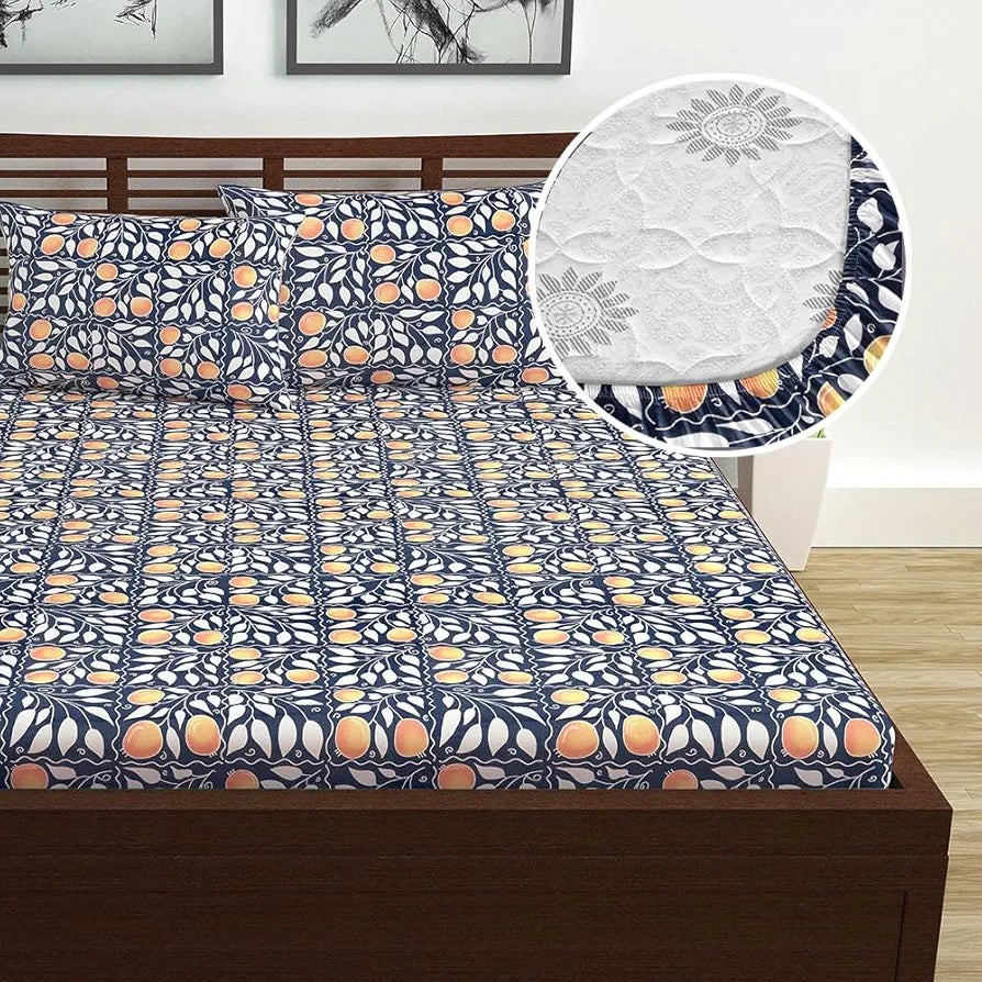 Divine Casa 144 TC Cotton Super Soft Brushed Elastic Fitted Floral Queen Size Double Bed Bedsheet with 2 Pillow Cover 