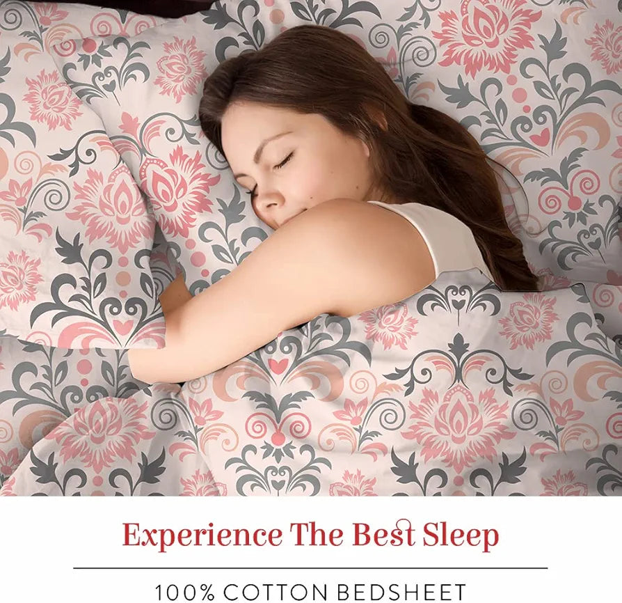 Layers Classic 100% Cotton Bedsheet Set for All Seasons - Lightweight, Moisture Absorbent, Machine Washable & Easy to Care - Gift for Housewarming & More - 104 TC - Queen Size 