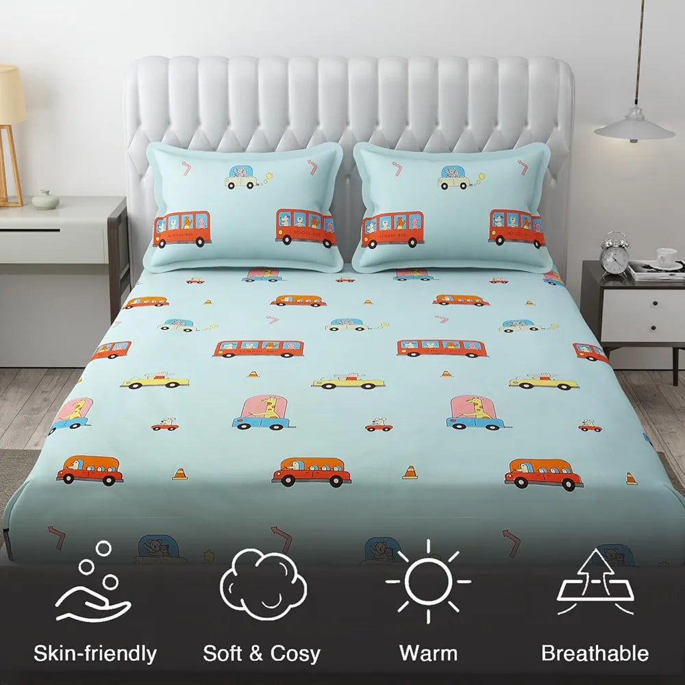 FRESH FROM LOOM 300 TC Glace Cotton Soft Hypoallergenic Elastic Fitted Bed Sheet with 2 Pillow Cover|Cartoon Printed|Kids Bedsheet |Aqua/Bus), queen