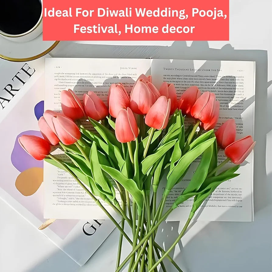 VERVENIX 5 Pcs Artificial Tulip Lily Flowers Bunch – Faux Fabric Flowers for Home Décor, Living Room, Bedroom, Party & Wedding Decoration 