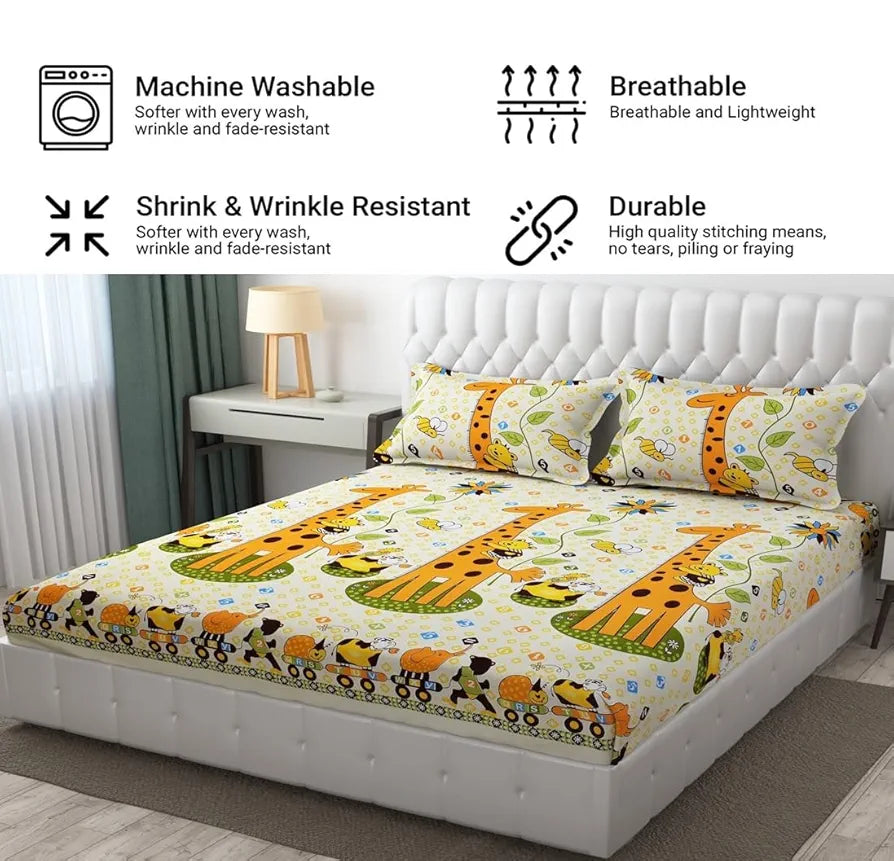 FRESH FROM LOOM Glace Cotton Wrinkle Free Soft Hypoallergenic Bed Sheet | Cartoon Printed | Double Bed King Size Kids Bedsheet , Yellow,144 TC
