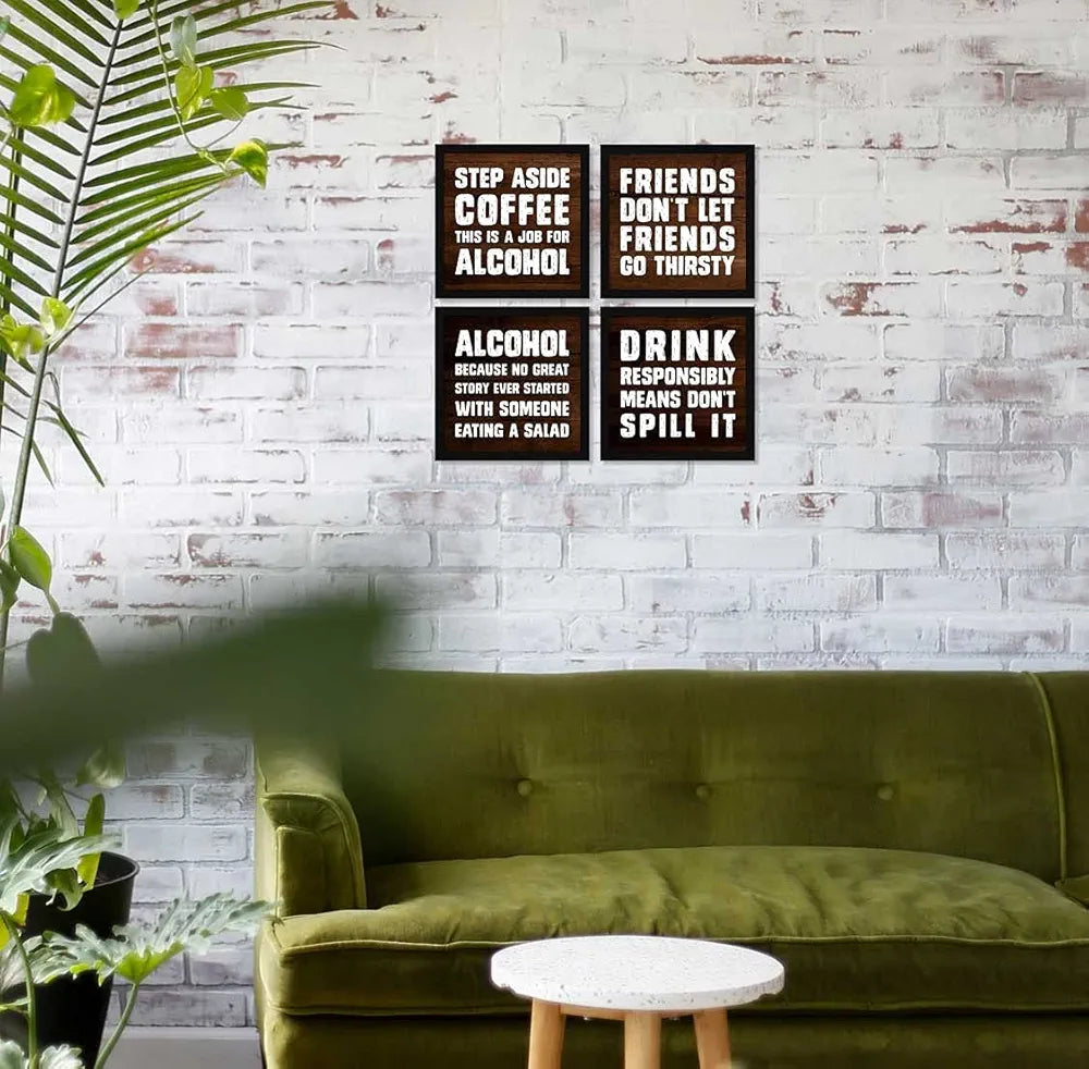 ArtX Motivational Quirky Funny Bar Quotes Wall Art Painting, Framed Posters, 20 X 20 inches , 10.0 X 10.0 inches Each, Multicolor, Synthetic Wood, Set of 4 