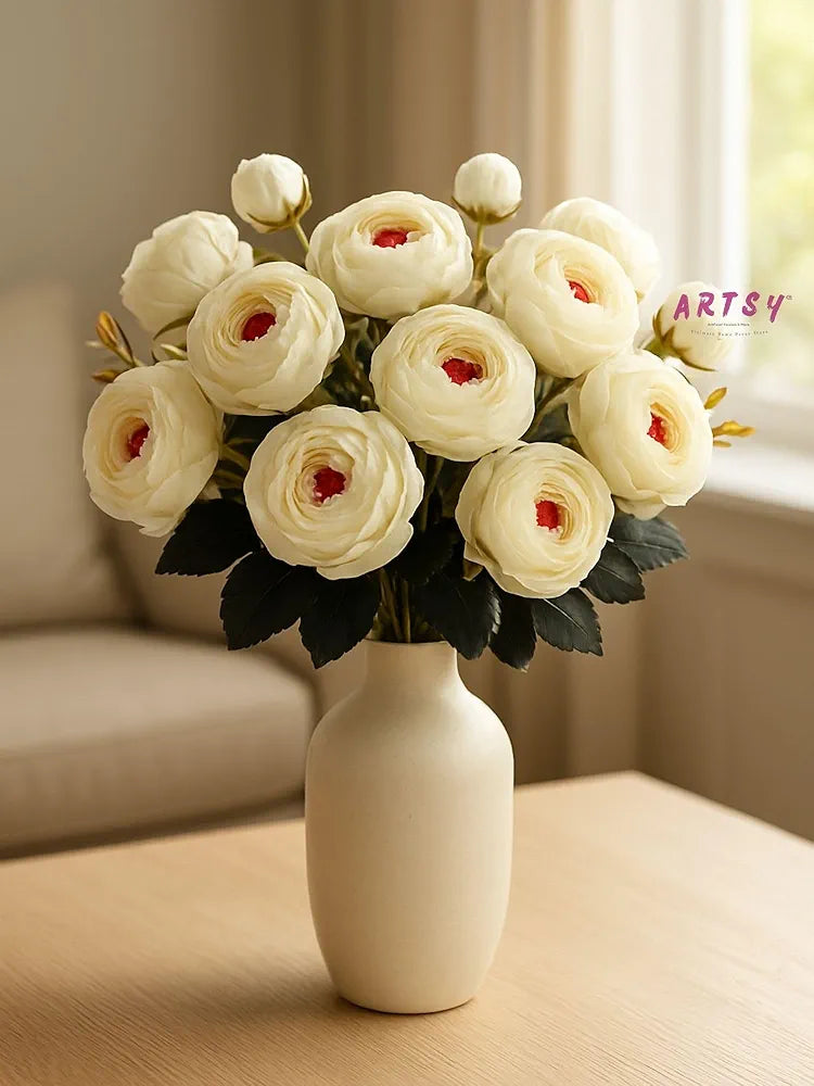 ARTSY® Artificial Flowers for Home Decoration Dry Peony Rose Flower Bunch for Room Decor, Office, for vase, Pot Filler, Gifting, Craft, Without Vase, Combo, Pack of 2 Piece, 6 Branches Each, White