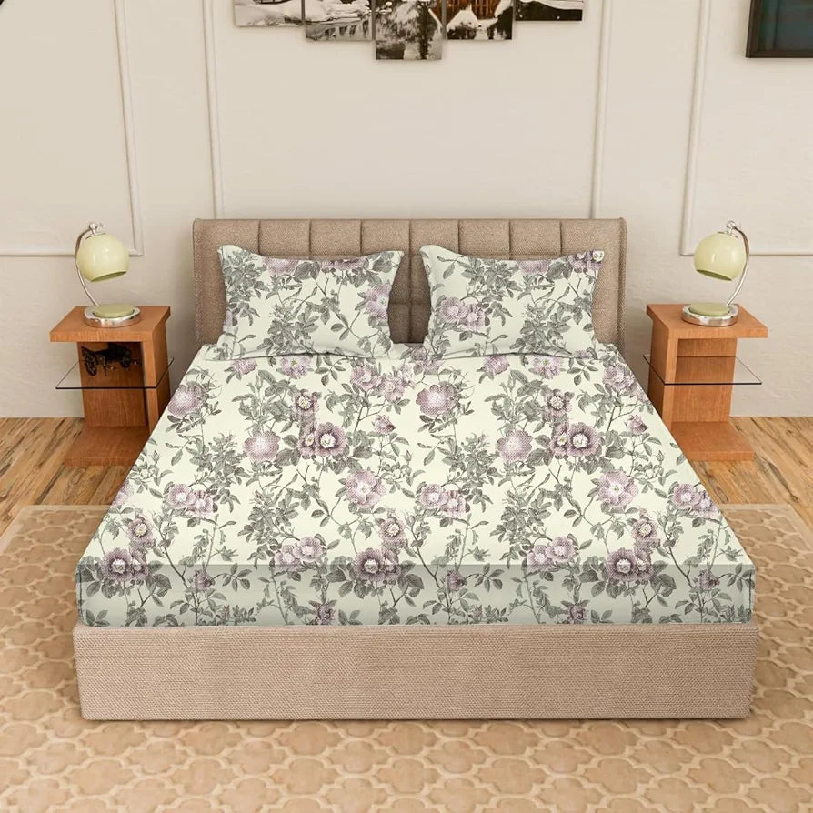 Trance Home Linen Skin Friendly 100% Cotton Printed Fitted Bedsheet for Queen Size Bed with 2 Pillow Cover - Premium 180TC 