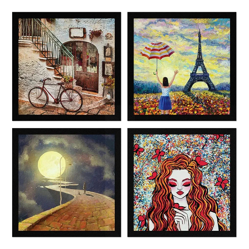 ArtX Paper Vintage Big Paintings For Wall Decoration, Wall Painting For Living Room, Multicolor, Abstract, 13 X 13 in each, 26 X 26 inches Combined, Set of 4