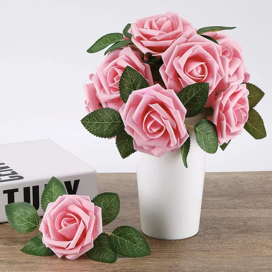 Higfra Artificial Roses Flowers Real Looking Fake Roses Artificial Foam Roses Decoration DIY Bouquets Centerpieces, Arrangements Party Baby Shower Home Decorations - Pink