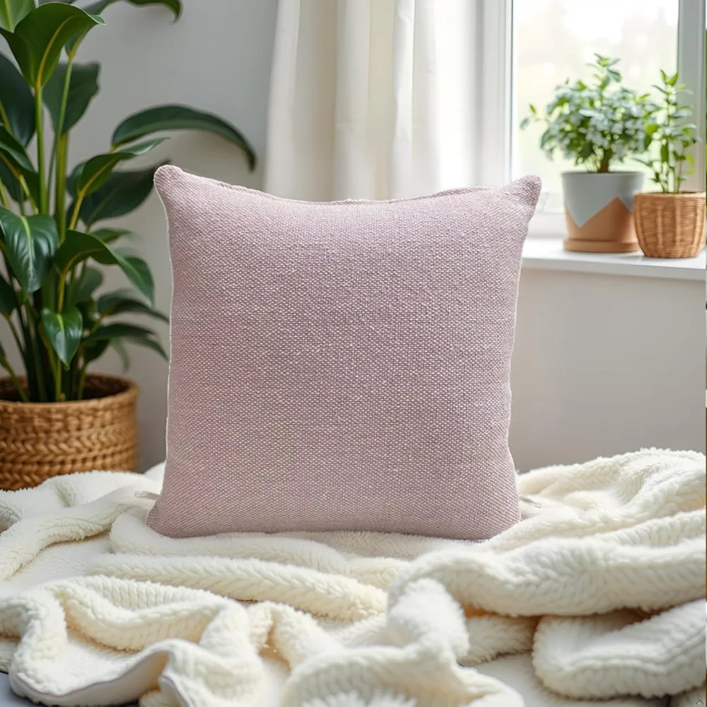 SAJAVAT HOME Cotton Cushion Cover 16X16 Inches  – Soft Decorative Cushion Cover for Sofa, Bed, or Chair –Beige & Purple, Pack of 1