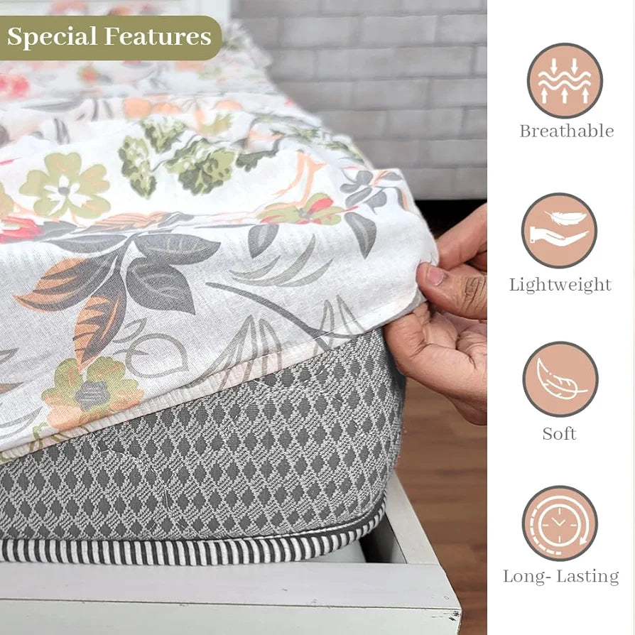 Divine Casa 144 TC 100% Cotton Floral Print Peach Super Soft Elastic Fitted Bedsheets Single Bed - 198 x 90 CM