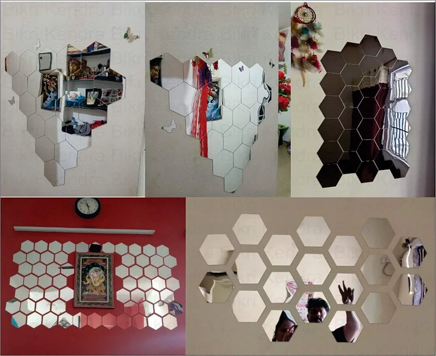 Bikri Kendra - Hexagon 24 Silver Stickers for Wall, Acrylic Mirror, Decor Sticker, Wall Mirror Stickers, Acrylic,