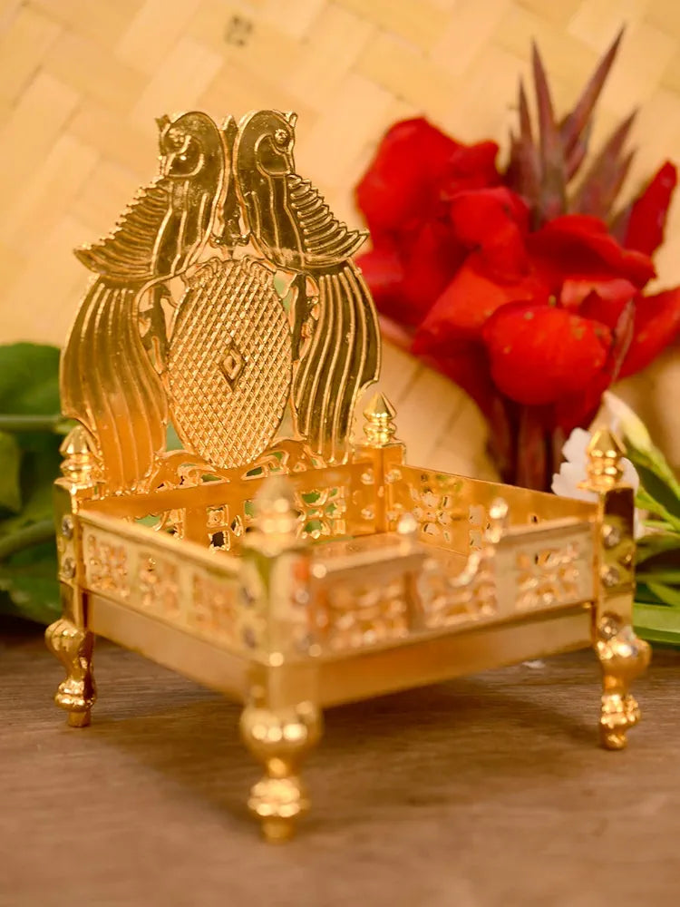 Collectible India Metal Gold Plated ladoo Gopal Singhasan Pooja Chowki mandir for God Thakur Puja Idol Peacock Design Decoration Items 