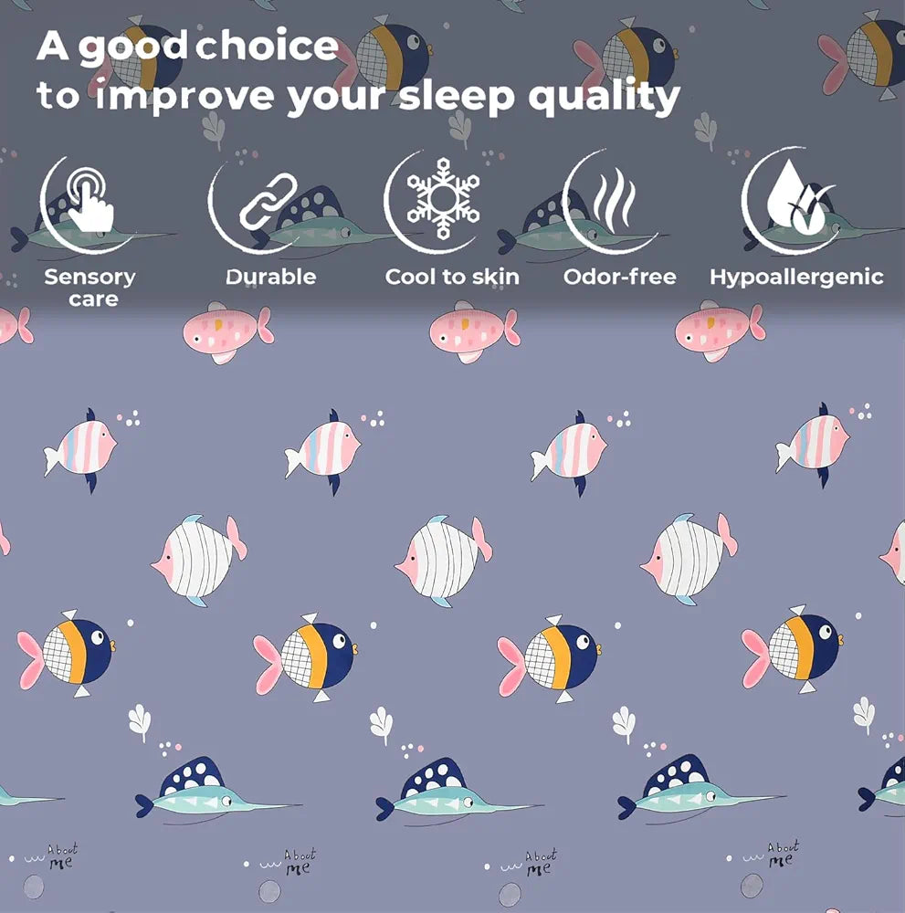 FRESH FROM LOOM Glace Cotton Wrinkle Free Soft Hypoallergenic Elastic Fitted Cartoon Printed Bedsheets for Kids with 2 Pillow,Fish/Blue),Double Bed,300 TC