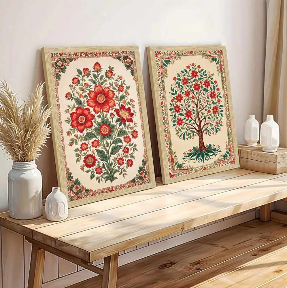 ArtX Paper Floral Art Paintings with Frame for Home Decor, Madhubani Wall Painting for Living Room, Multicolor, Natural Wood Color Frames, Set of 2