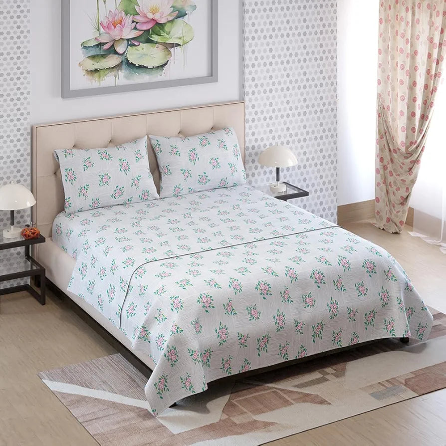 Zen Cotton Blend King Bedsheet Set  | 1 King Cotton Bedsheet & 2 Pillow Covers | Breathable & Anti-Wrinkle | 225 CVC | 