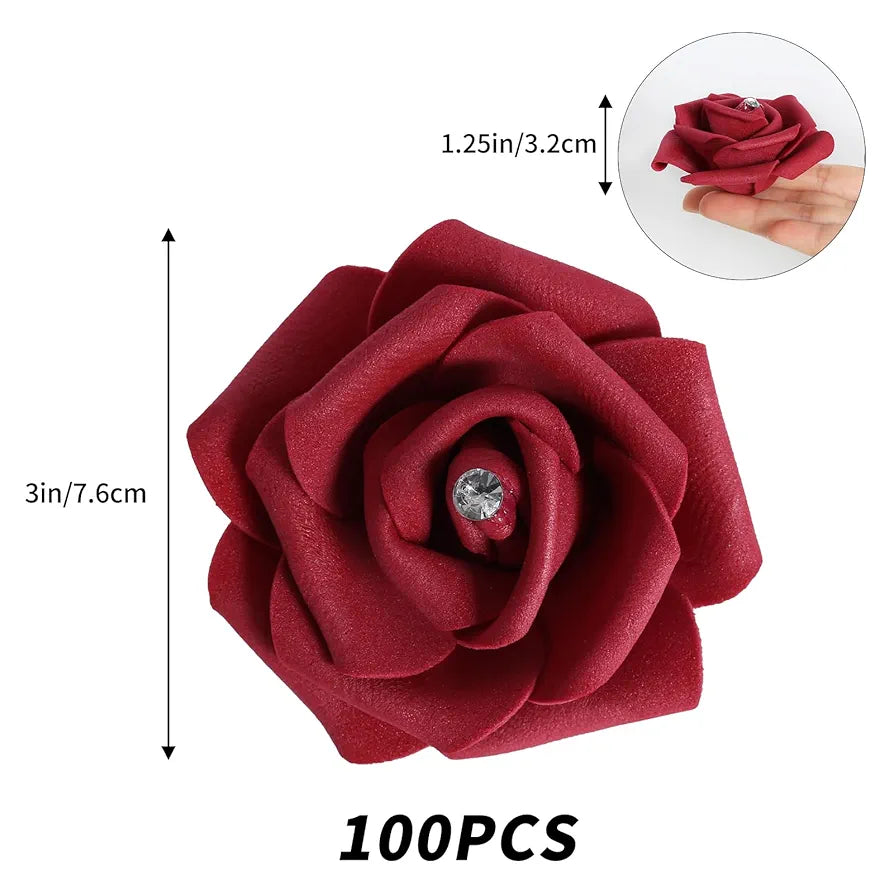 IPOPU 100PCS Burgundy Rose Artificial Flower Heads, 3in Real Looking Stemless Foam Roses Fake Flowers Bulk with Crystal for DIY Craft Wedding Bouquets Arrangements Party Home Decorations
