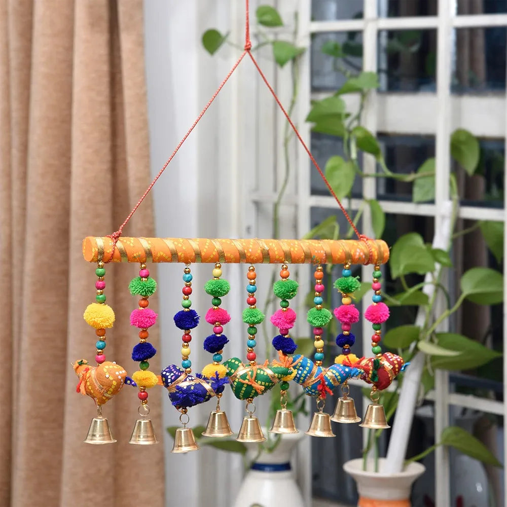 Kuber Industries Rajasthani Traditional Windchimes|5 Hanging Birds with Bamboo|Polyester Handcrafted Latkan|Decorative Door Hanging Latkan 