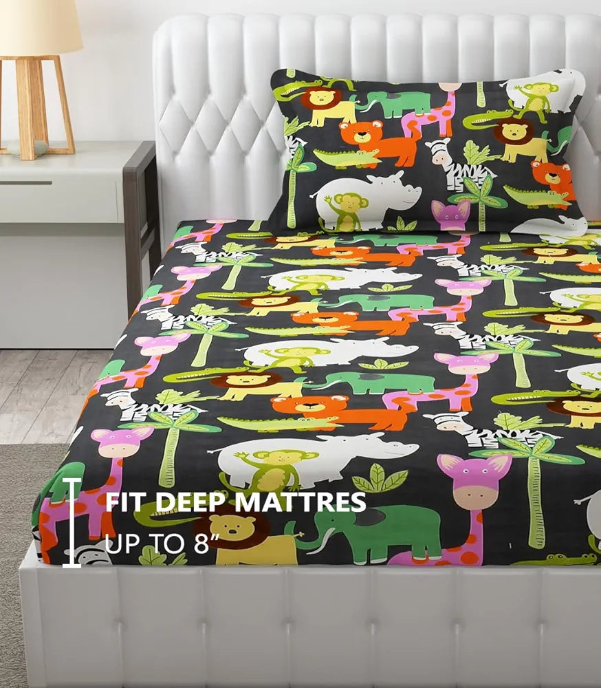 FRESH FROM LOOM Glace Cotton Hypoallergenic Elastic Fitted Bed Sheet with 1 Pillow Cover,Cartoon Printed,Bedsheet for Kids Room Boys Girls,Animal),300 TC,Multicolor