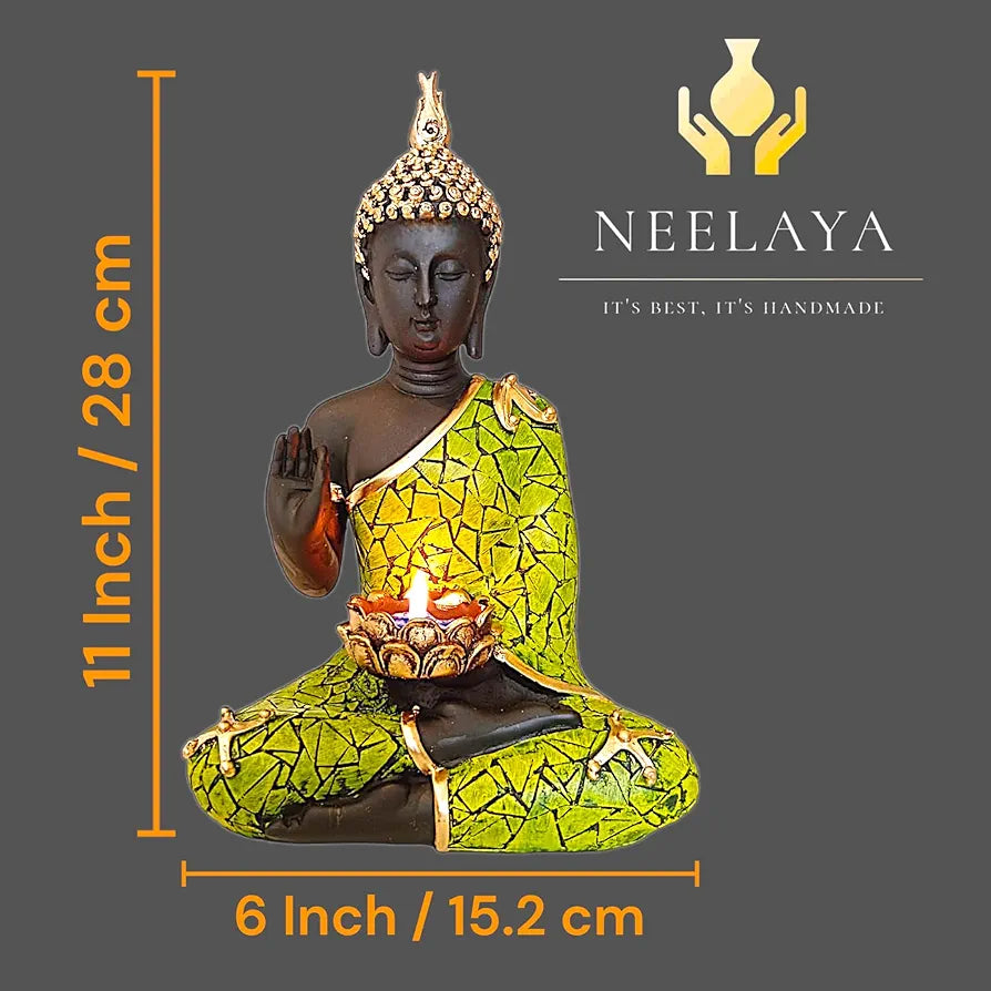 Meditating Buddha Statue with Tealight Candle Holder Polyresin Showpiece for Home Decor Living Room Office Vastu Gift Housewarming 28 cm Black Green