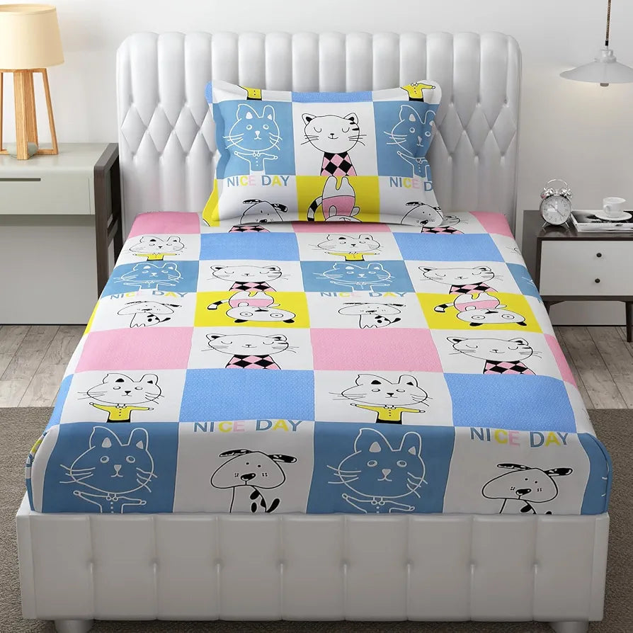 FRESH FROM LOOM Hypoallergenic Glace Cotton Kids Single Bedsheet-Rotary Printed,Wrinkle Free With 1 Pillow Covers,144 TC