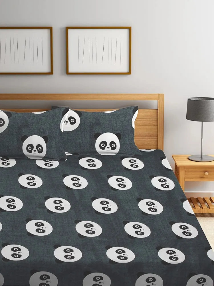 Homefab India 144 TC Microfiber Double BedSheet with 2 Pillow Covers - Grey, Black Panda