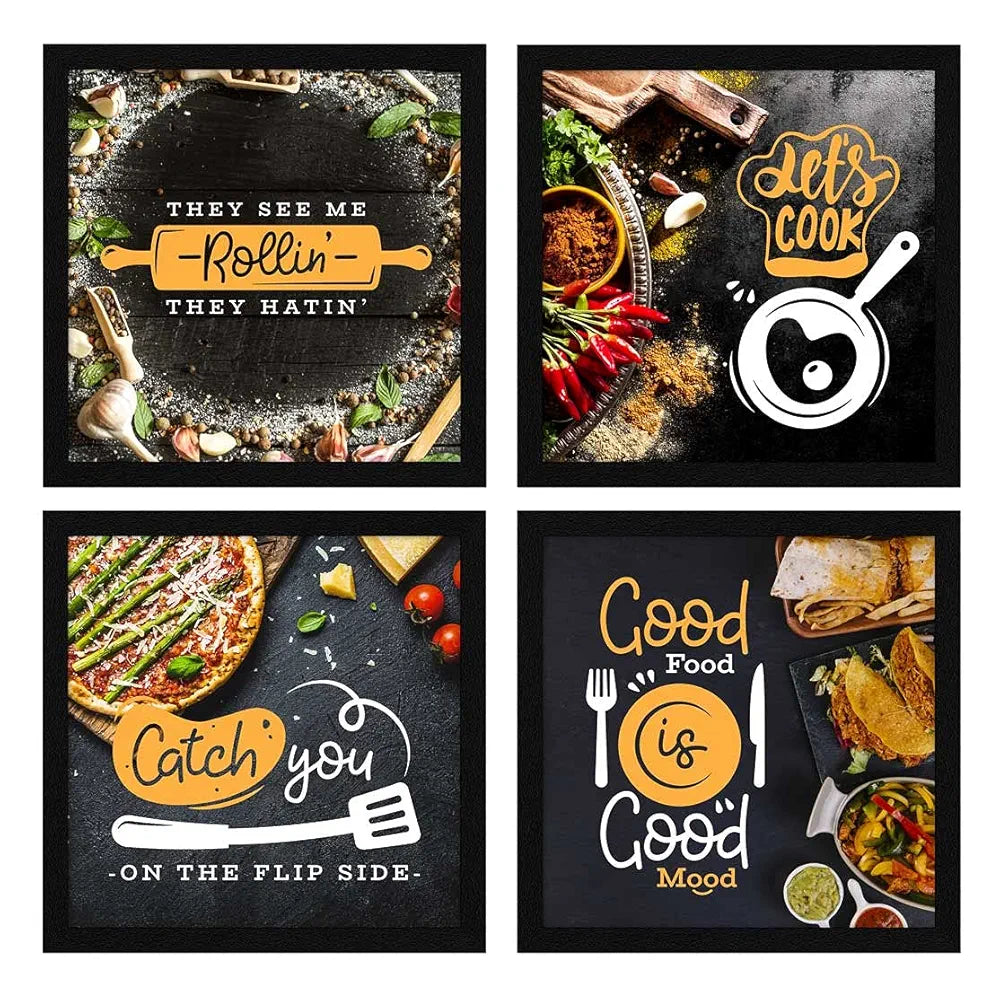 ArtX Kitchen Food Quotes Motivational Funny Wall Art Frames, Framed Posters, 20 X 20 inches, 10.0 X 10.0 inches Each, Multicolor, Synthetic Wood, Set of 4 