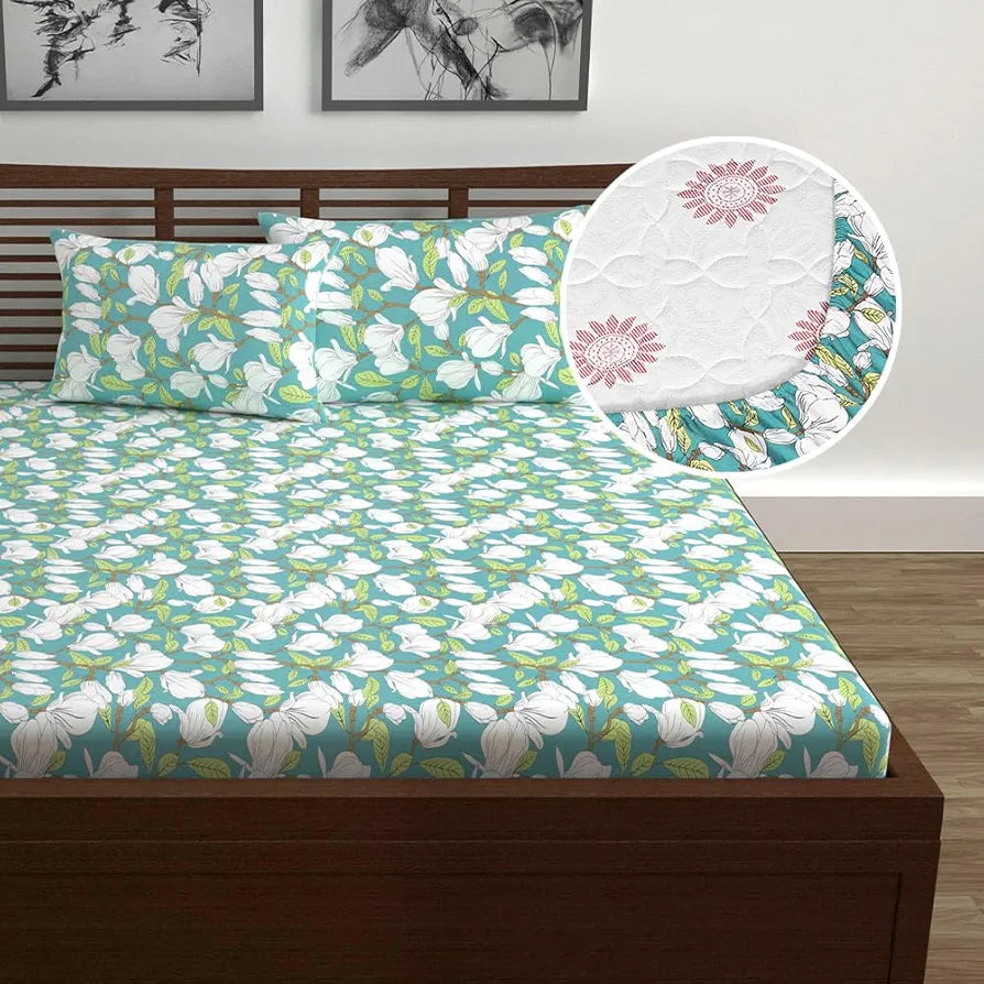 Divine Casa 144 TC Cotton Floral Print Queen Size Fitted Bedsheet with 2 Pillow Covers | Elastic & Comfortable Bedding | Aspen Green, 150 x 200 + 25 cm