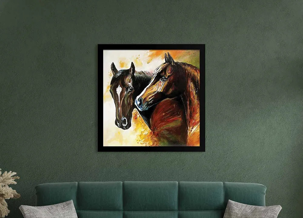 ArtX Two Horse Big Canvas Painting For Bedroom and Living Room With Frame, Multicolour, Square, 24.0 x 24.0 inch, 2x2 Feet, Set Of 1