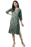 Janasya Women's Green Crepe Foil Printed Angrakha Kurta